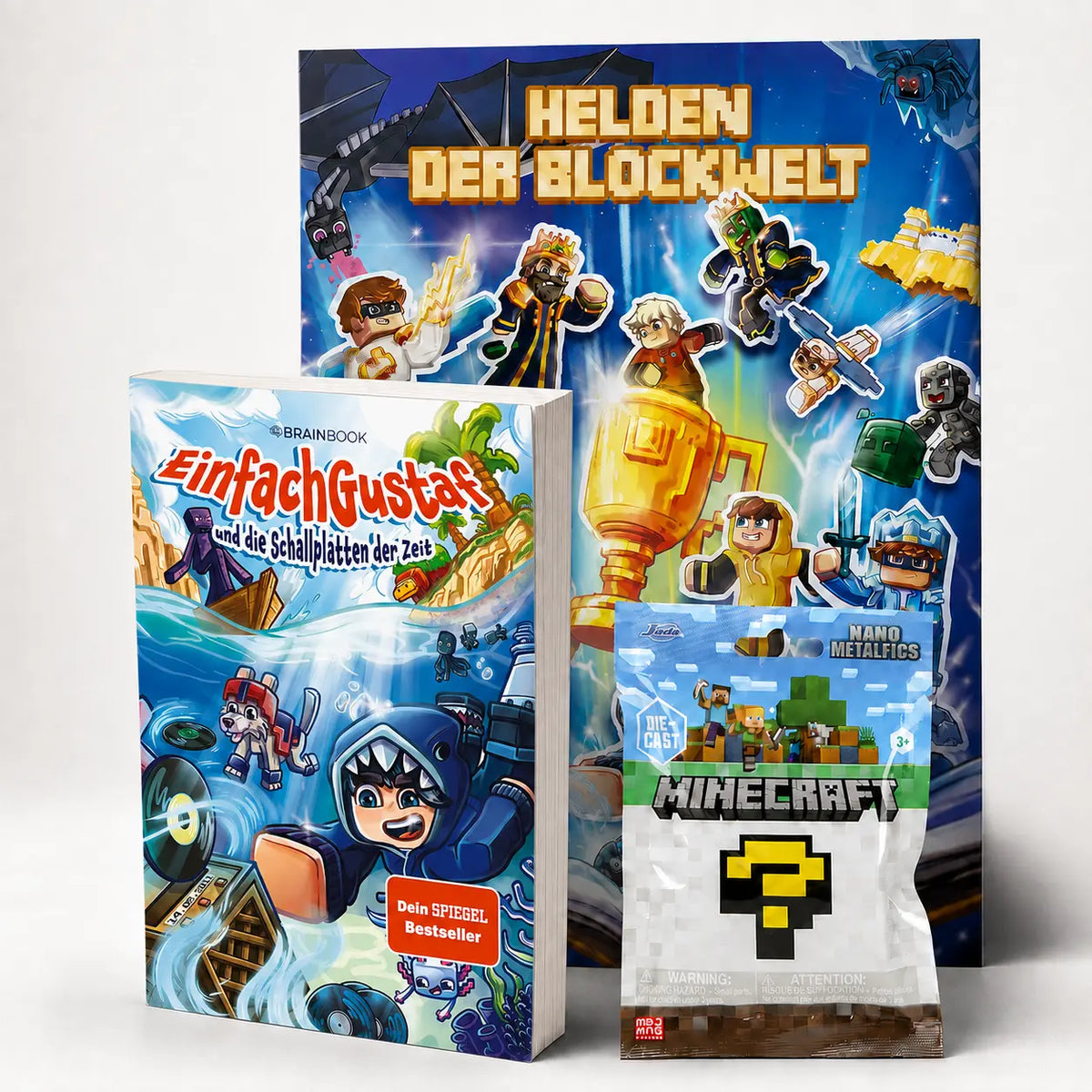 Bundle mit dem Buch EinfachGustaf und die Schallplatten der Zeit, einer Minecraft Figur und einem Poster