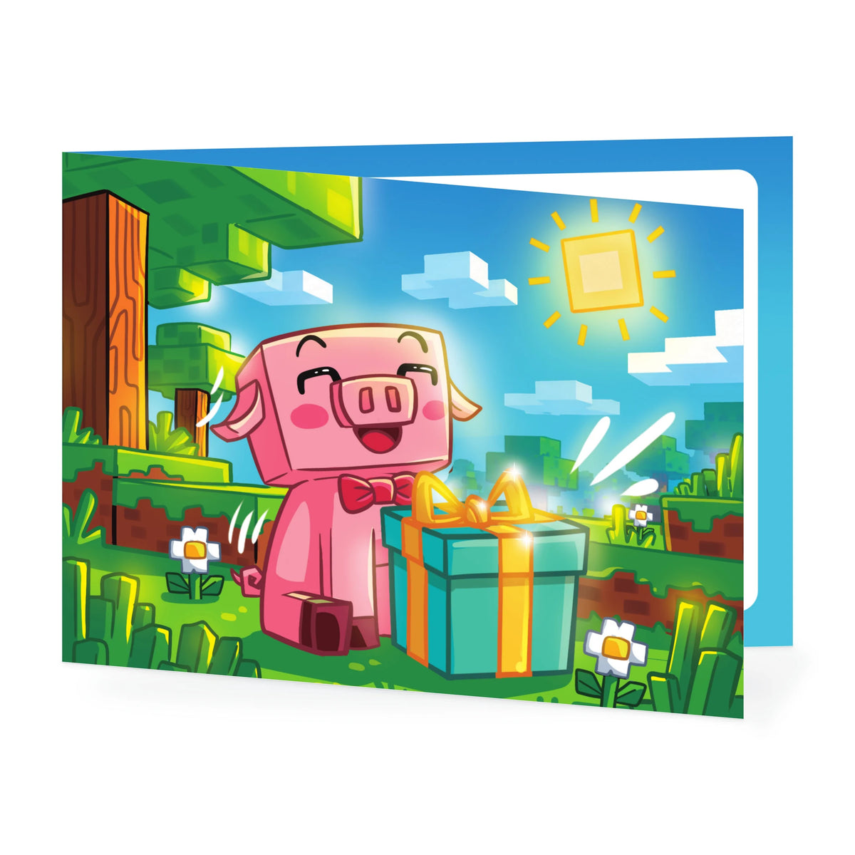Grußkarte im Pixel-Look: Schweinchen mit Geschenk