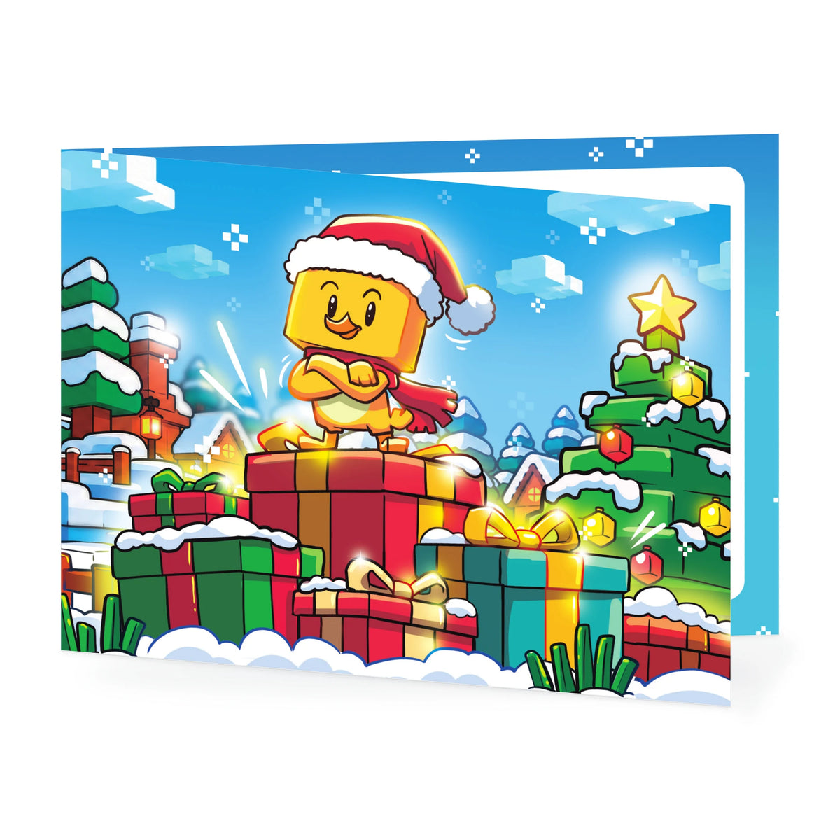 Weihnachtskarte im Pixel-Look: Küken mit Weihnachtsmütze